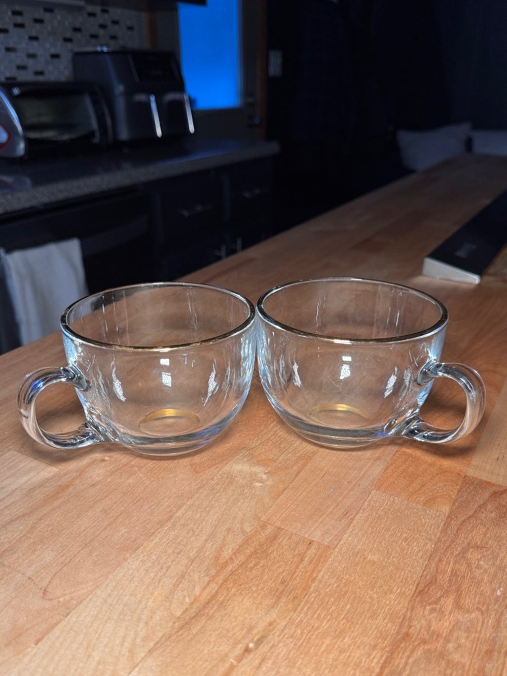 Clear Glass Coffee Cups with Gold rim and Handles - Set of 2